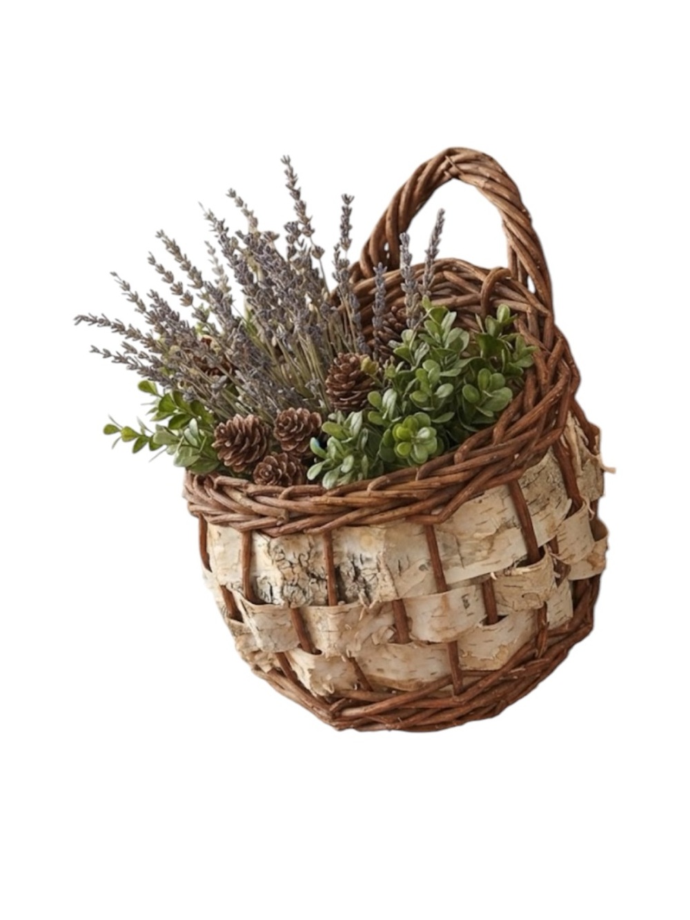 Vintage Charming, Rustic Twig and Birch Bark Hanging Pocket Basket